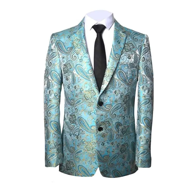 Veste de costume pour hommes paisley bleu clair avec cravate noire - Blazer formel élégant|Yili - F145